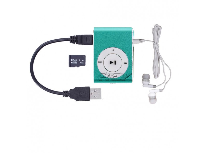 Reproductor MP3 CLIP Color Verde + Cable Carga + Auriculares + Tarjeta 4gb