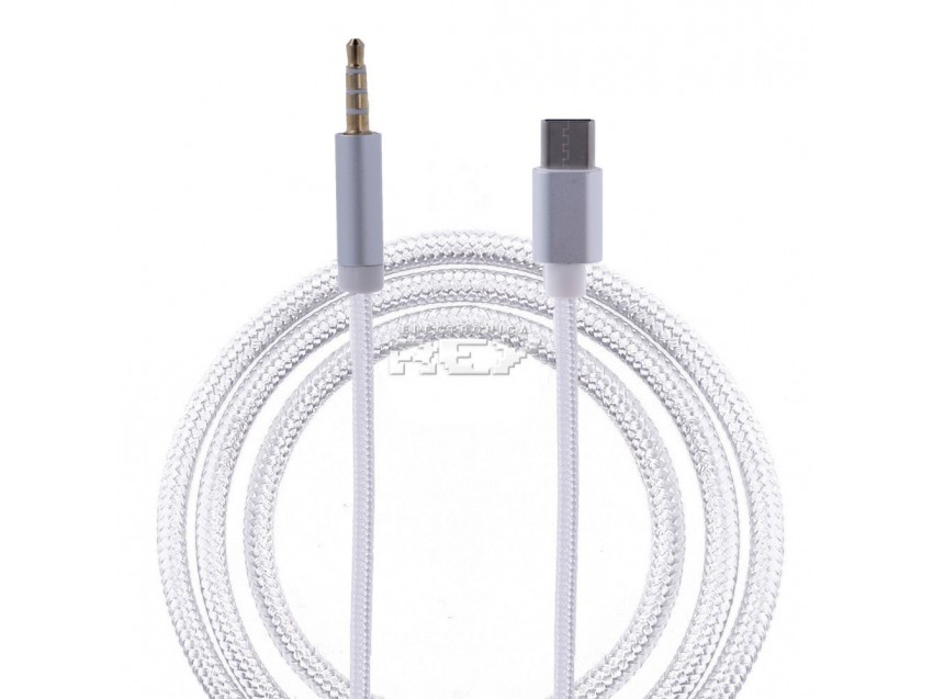 Cable Nylon Trenzado USB 3.1 Tipo C Macho a Jack AUX Macho 1 Metro Blanco