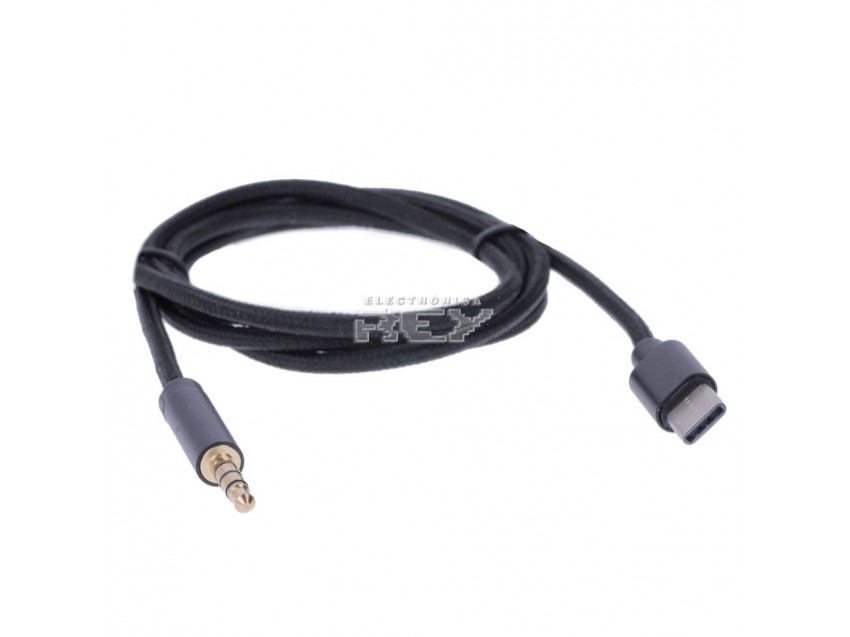 Cable Nylon Trenzado USB 3.1 Tipo C Macho a Jack AUX Macho 1 Metro Negro