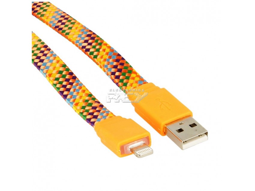 Cable Plano Compatible iPhone iPad iPod Datos-Carga Multicolor 1m Naranja