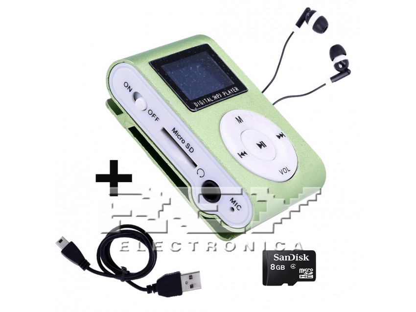 Reproductor MP3 CLIP Pantalla LCD Color Verde + Cable Carga + Auriculares + Tarjeta 8gb