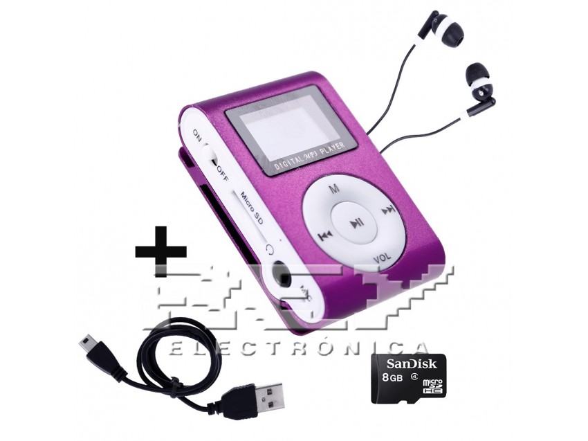 Reproductor MP3 CLIP Pantalla LCD Color Morado