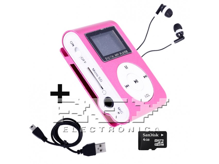 Reproductor MP3 CLIP Pantalla LCD Color Rosa + Cable Carga + Auriculares + Tarjeta 4gb