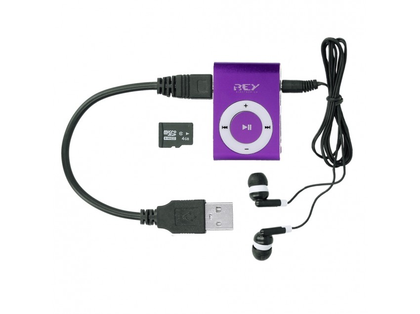 Reproductor MP3 CLIP Color Morado + Cable Carga + Auriculares + Tarjeta 4gb