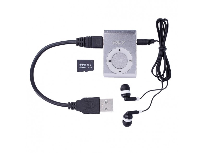 Reproductor MP3 CLIP Color Plata + Cable Carga + Auriculares + Tarjeta 4gb