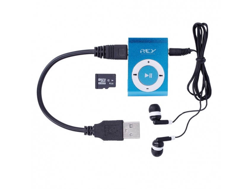 Reproductor MP3 CLIP Color Azul + Cable Carga + Auriculares + Tarjeta 4gb