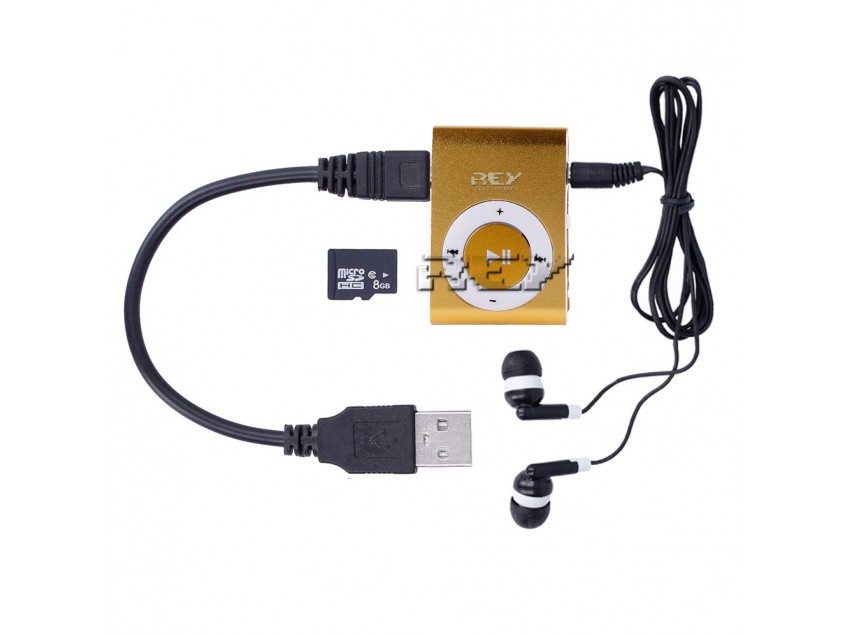 Reproductor MP3 CLIP Color Dorado + Cable Carga + Auriculares + Tarjeta 8gb