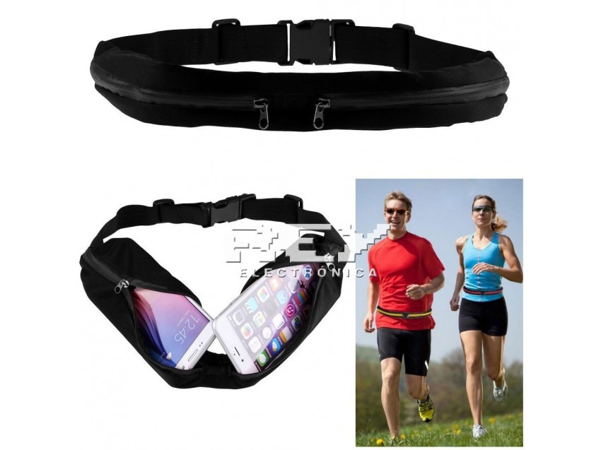 Riñonera Deportiva Doble Bolsa Cintura Deporte Bolso Cadera NEGRO